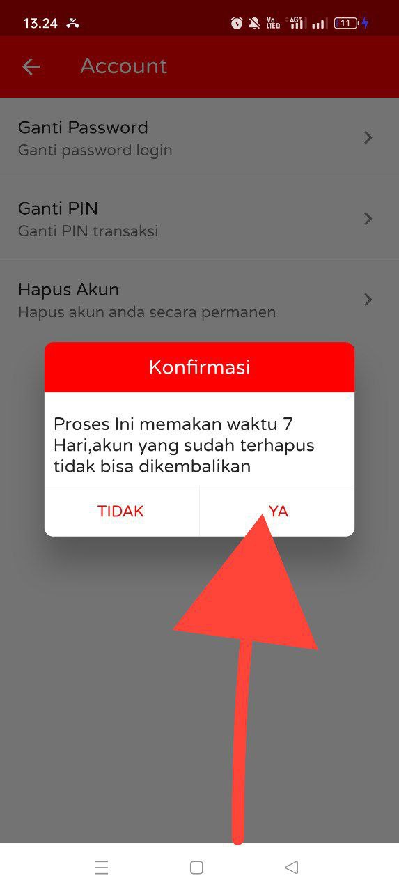 Screenshot aplikasi ZPay menu hapus akun